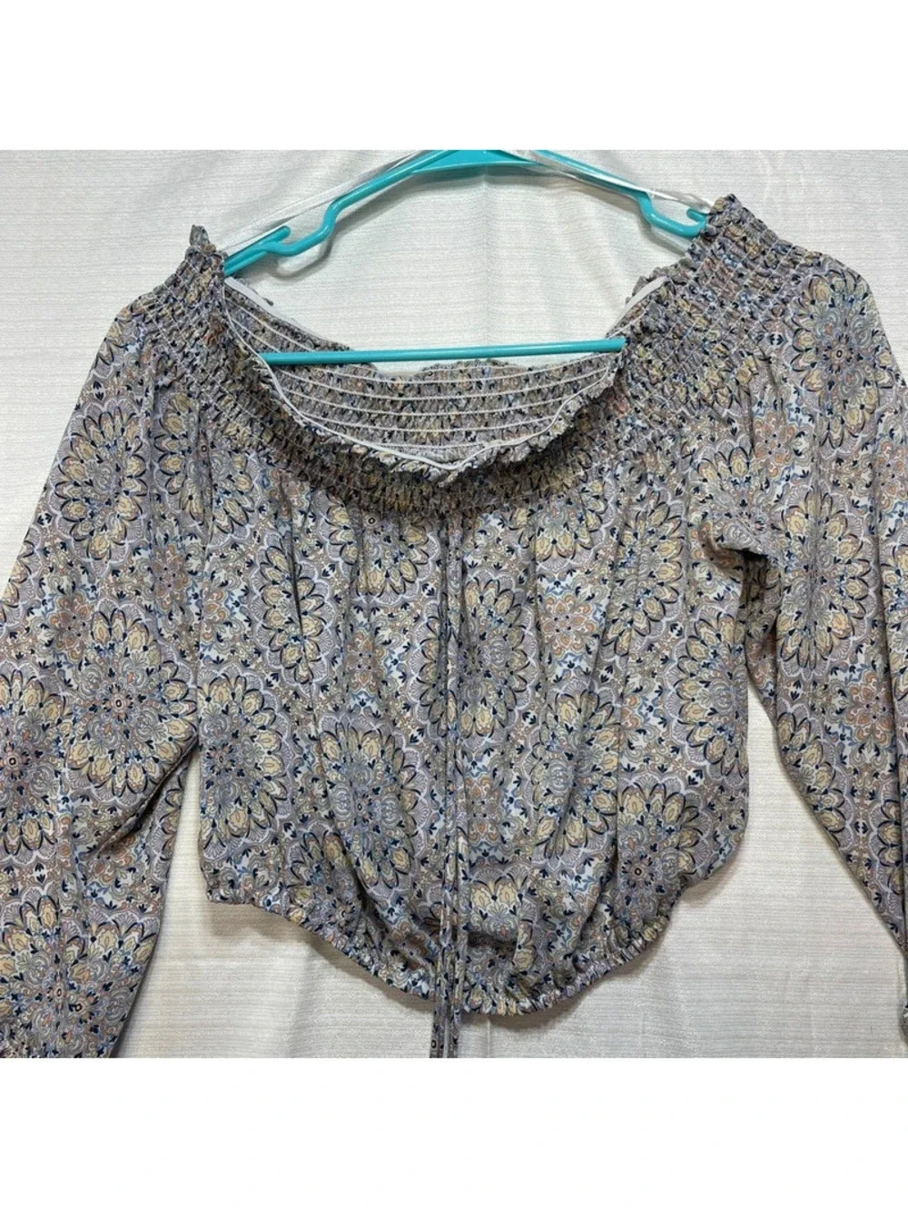 Kingston Grey Womens Off Shoulder Crop Top Medium Blue Yellow Floral Bell Sleeve